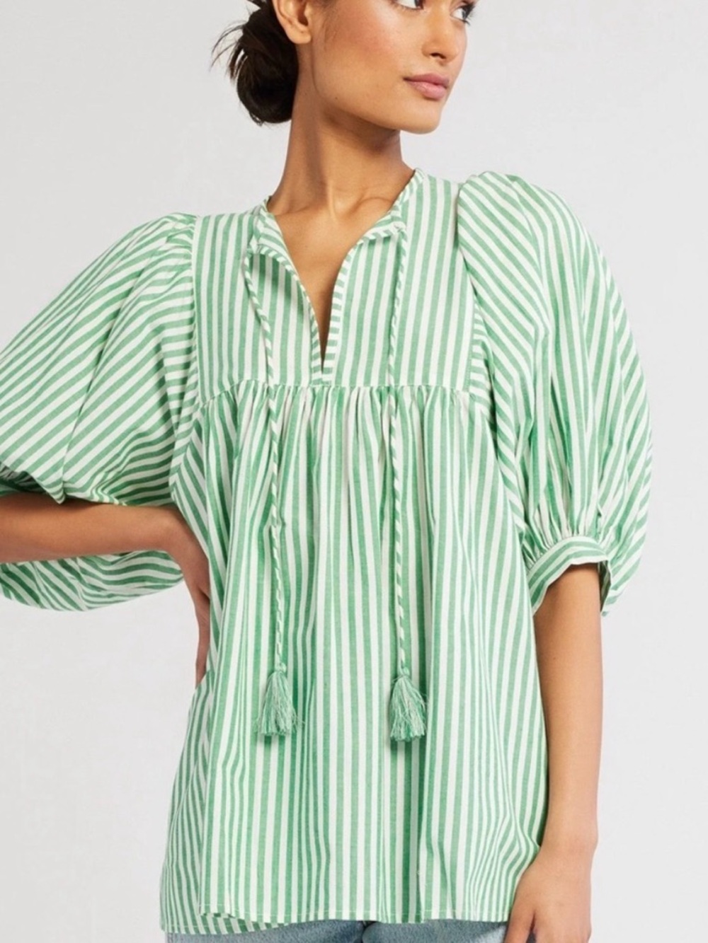 Philosophy Green Striped Tie-Neck Peasant Top XS